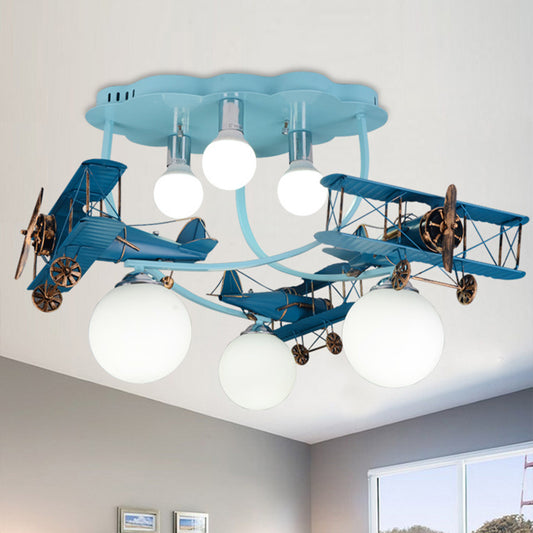 Wood Plane Flush Mount Ceiling Light Cartoon 6-Bulb Distressed Blue Flushmount with Bubble Milk Glass Shade Blue Clearhalo 'Ceiling Lights' 'Close To Ceiling Lights' 'Close to ceiling' 'Flush mount' Lighting' 1909373
