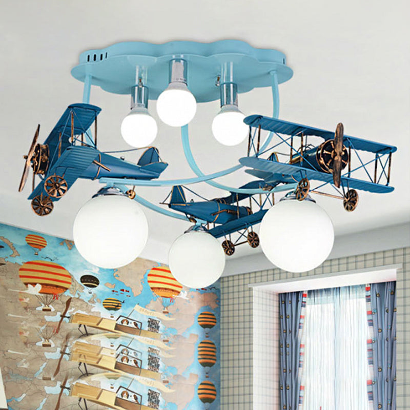 Wood Plane Flush Mount Ceiling Light Cartoon 6-Bulb Distressed Blue Flushmount with Bubble Milk Glass Shade Clearhalo 'Ceiling Lights' 'Close To Ceiling Lights' 'Close to ceiling' 'Flush mount' Lighting' 1909374