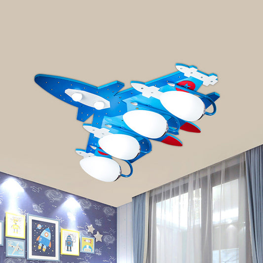 Blue Aircraft Flush Mounted Lamp Cartoon 4 Lights Wooden Ceiling Fixture with Oval Cream Glass Shade Blue Clearhalo 'Ceiling Lights' 'Close To Ceiling Lights' 'Close to ceiling' 'Flush mount' Lighting' 1909387