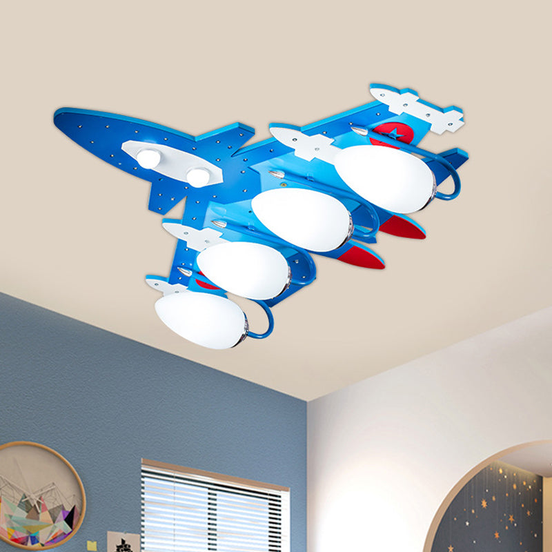 Blue Aircraft Flush Mounted Lamp Cartoon 4 Lights Wooden Ceiling Fixture with Oval Cream Glass Shade Clearhalo 'Ceiling Lights' 'Close To Ceiling Lights' 'Close to ceiling' 'Flush mount' Lighting' 1909388