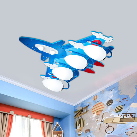 Blue Aircraft Flush Mounted Lamp Cartoon 4 Lights Wooden Ceiling Fixture with Oval Cream Glass Shade Clearhalo 'Ceiling Lights' 'Close To Ceiling Lights' 'Close to ceiling' 'Flush mount' Lighting' 1909389