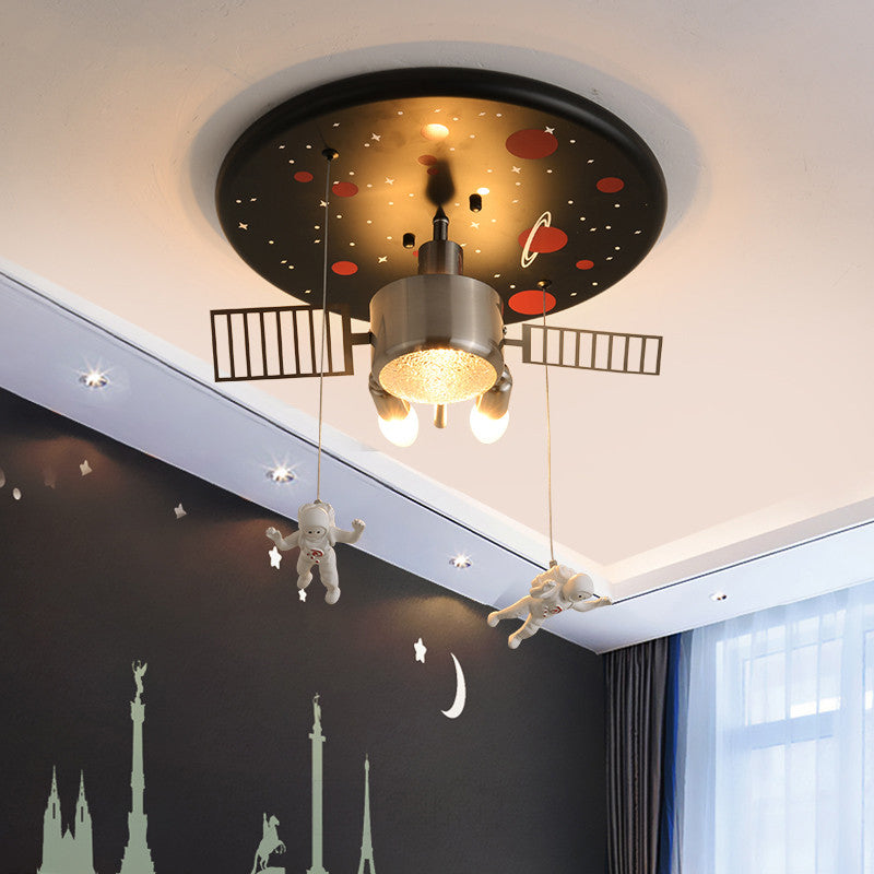 Black Space Satellite Flush Light Kid 16"/22" Wide 2 Lights Resin Spacemen Sculpture Ceiling Fixture Clearhalo 'Ceiling Lights' 'Close To Ceiling Lights' 'Close to ceiling' 'Flush mount' Lighting' 1909393