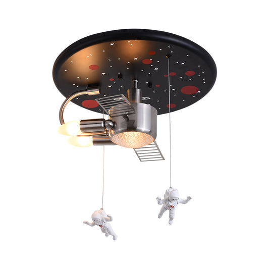 Black Space Satellite Flush Light Kid 16"/22" Wide 2 Lights Resin Spacemen Sculpture Ceiling Fixture Clearhalo 'Ceiling Lights' 'Close To Ceiling Lights' 'Close to ceiling' 'Flush mount' Lighting' 1909395