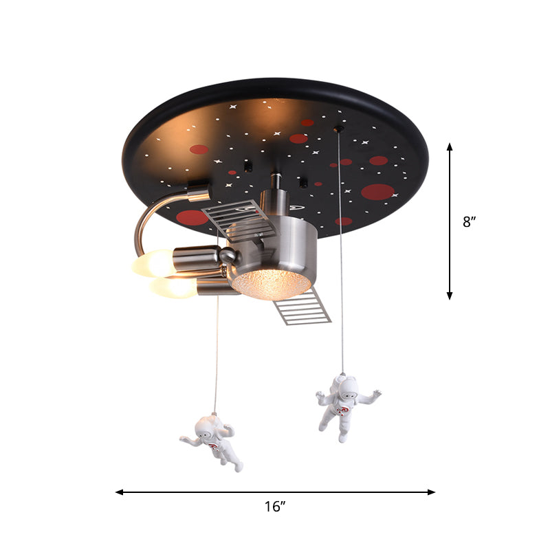 Black Space Satellite Flush Light Kid 16"/22" Wide 2 Lights Resin Spacemen Sculpture Ceiling Fixture Clearhalo 'Ceiling Lights' 'Close To Ceiling Lights' 'Close to ceiling' 'Flush mount' Lighting' 1909396