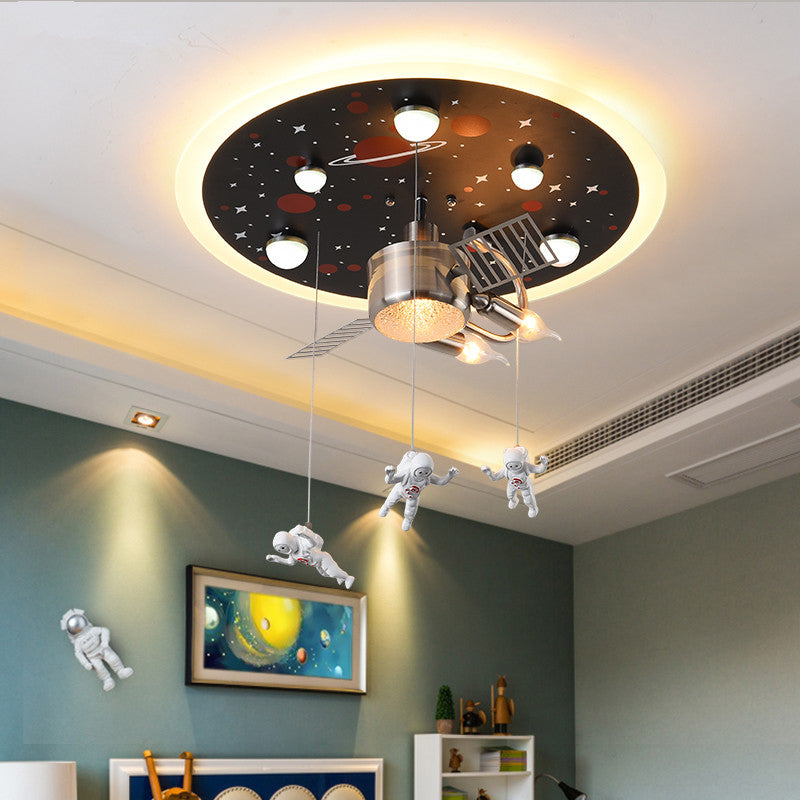 Black Space Satellite Flush Light Kid 16"/22" Wide 2 Lights Resin Spacemen Sculpture Ceiling Fixture Black 22" Clearhalo 'Ceiling Lights' 'Close To Ceiling Lights' 'Close to ceiling' 'Flush mount' Lighting' 1909397