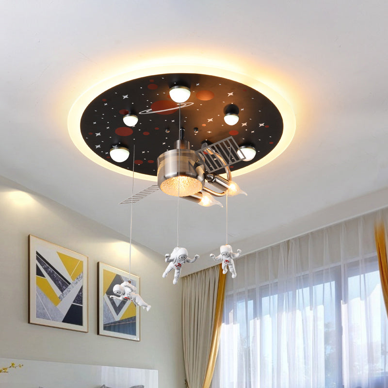 Black Space Satellite Flush Light Kid 16"/22" Wide 2 Lights Resin Spacemen Sculpture Ceiling Fixture Clearhalo 'Ceiling Lights' 'Close To Ceiling Lights' 'Close to ceiling' 'Flush mount' Lighting' 1909398