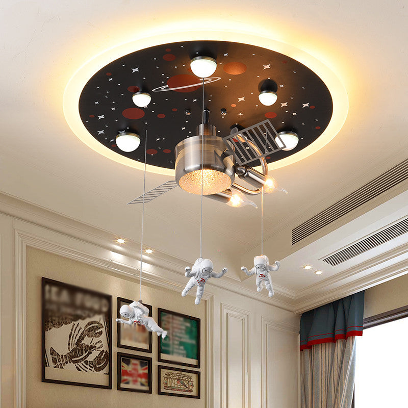 Black Space Satellite Flush Light Kid 16"/22" Wide 2 Lights Resin Spacemen Sculpture Ceiling Fixture Clearhalo 'Ceiling Lights' 'Close To Ceiling Lights' 'Close to ceiling' 'Flush mount' Lighting' 1909399