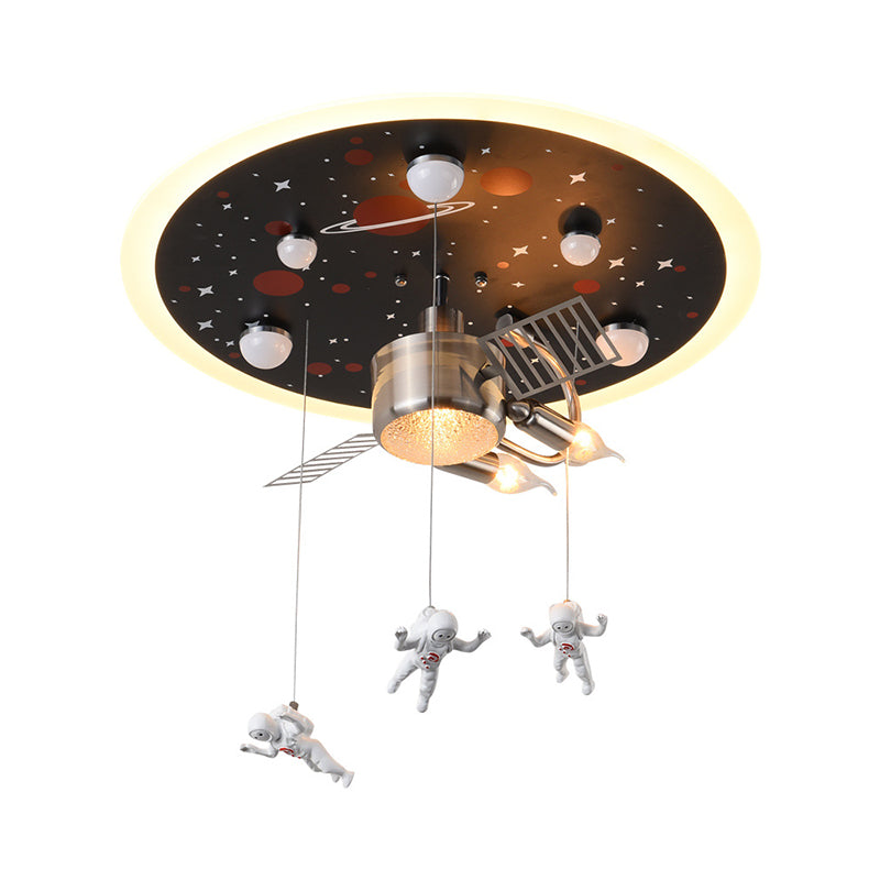 Black Space Satellite Flush Light Kid 16"/22" Wide 2 Lights Resin Spacemen Sculpture Ceiling Fixture Clearhalo 'Ceiling Lights' 'Close To Ceiling Lights' 'Close to ceiling' 'Flush mount' Lighting' 1909400