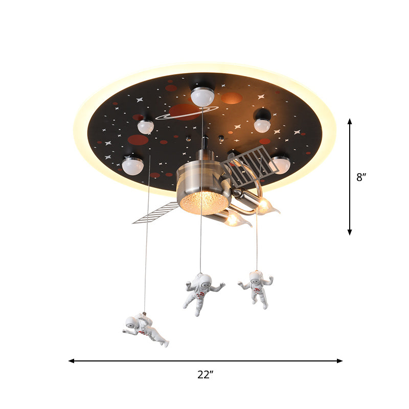 Black Space Satellite Flush Light Kid 16"/22" Wide 2 Lights Resin Spacemen Sculpture Ceiling Fixture Clearhalo 'Ceiling Lights' 'Close To Ceiling Lights' 'Close to ceiling' 'Flush mount' Lighting' 1909401