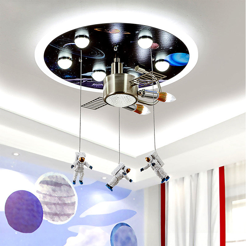 Kids 9-Bulb Ceiling Flush Mount Black Space Satellite Flushmount Lighting with Acrylic Shade Clearhalo 'Ceiling Lights' 'Close To Ceiling Lights' 'Close to ceiling' 'Flush mount' Lighting' 1909403