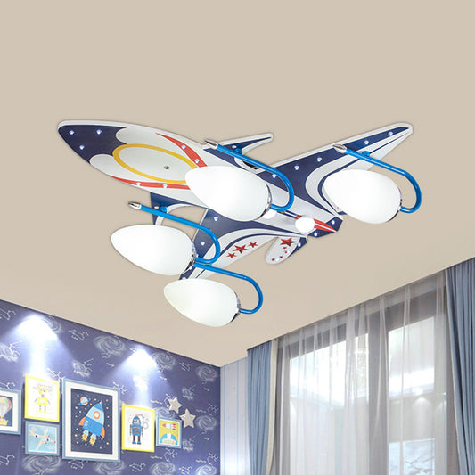 White Aircraft Flush Mount Fixture Kids 4-Head Wooden Ceiling Lighting with Oval Ivory Glass Shade White Clearhalo 'Ceiling Lights' 'Close To Ceiling Lights' 'Close to ceiling' 'Flush mount' Lighting' 1909406