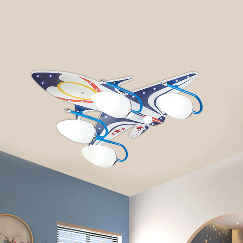 White Aircraft Flush Mount Fixture Kids 4-Head Wooden Ceiling Lighting with Oval Ivory Glass Shade Clearhalo 'Ceiling Lights' 'Close To Ceiling Lights' 'Close to ceiling' 'Flush mount' Lighting' 1909407