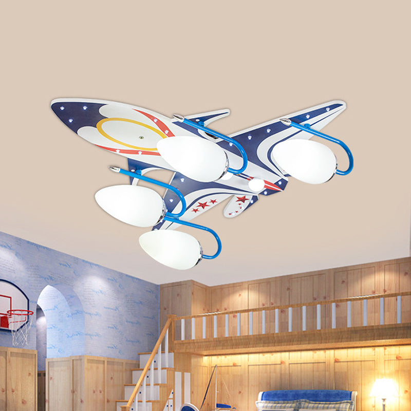 White Aircraft Flush Mount Fixture Kids 4-Head Wooden Ceiling Lighting with Oval Ivory Glass Shade Clearhalo 'Ceiling Lights' 'Close To Ceiling Lights' 'Close to ceiling' 'Flush mount' Lighting' 1909408