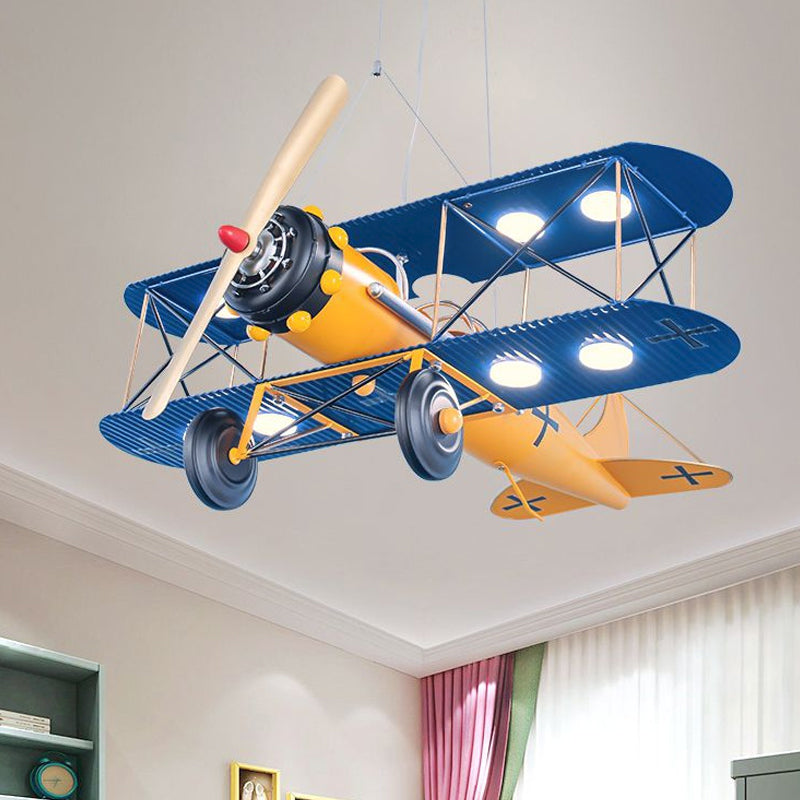 LED Biplane Hanging Lamp Kit Cartoon Metallic Yellow/Dark Blue-Yellow/Blue Chandelier Lighting for Nursery Clearhalo 'Ceiling Lights' 'Chandeliers' Lighting' options 1909419