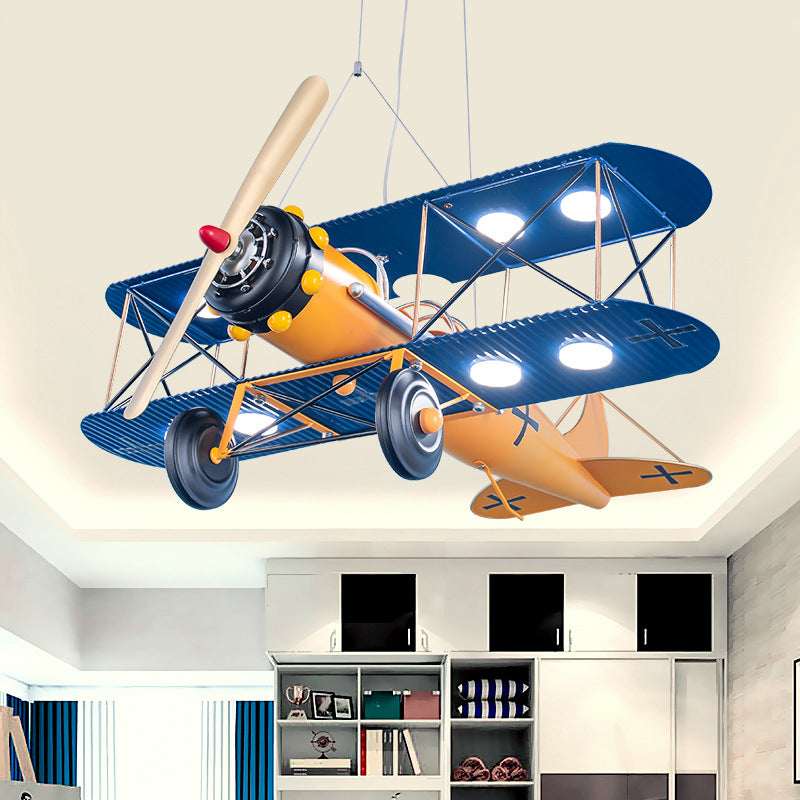 LED Biplane Hanging Lamp Kit Cartoon Metallic Yellow/Dark Blue-Yellow/Blue Chandelier Lighting for Nursery Clearhalo 'Ceiling Lights' 'Chandeliers' Lighting' options 1909420