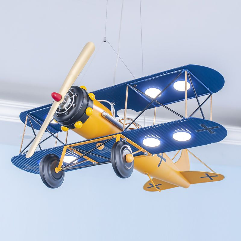 LED Biplane Hanging Lamp Kit Cartoon Metallic Yellow/Dark Blue-Yellow/Blue Chandelier Lighting for Nursery Clearhalo 'Ceiling Lights' 'Chandeliers' Lighting' options 1909421