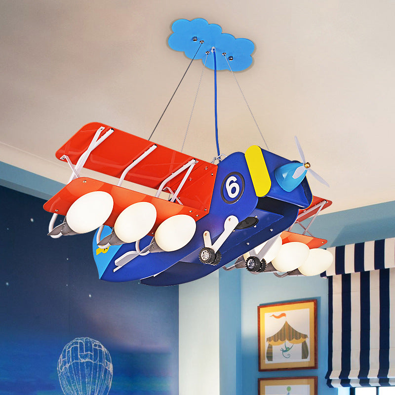 Cartoon Wright Flyer Chandelier Metallic 6 Bulbs Kids Bedroom Ceiling Hang Light in Blue-Red Clearhalo 'Ceiling Lights' 'Chandeliers' Lighting' options 1909440