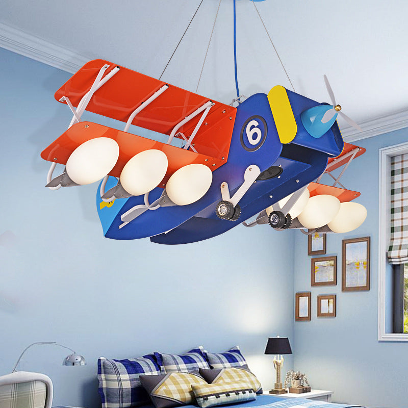 Cartoon Wright Flyer Chandelier Metallic 6 Bulbs Kids Bedroom Ceiling Hang Light in Blue-Red Clearhalo 'Ceiling Lights' 'Chandeliers' Lighting' options 1909441