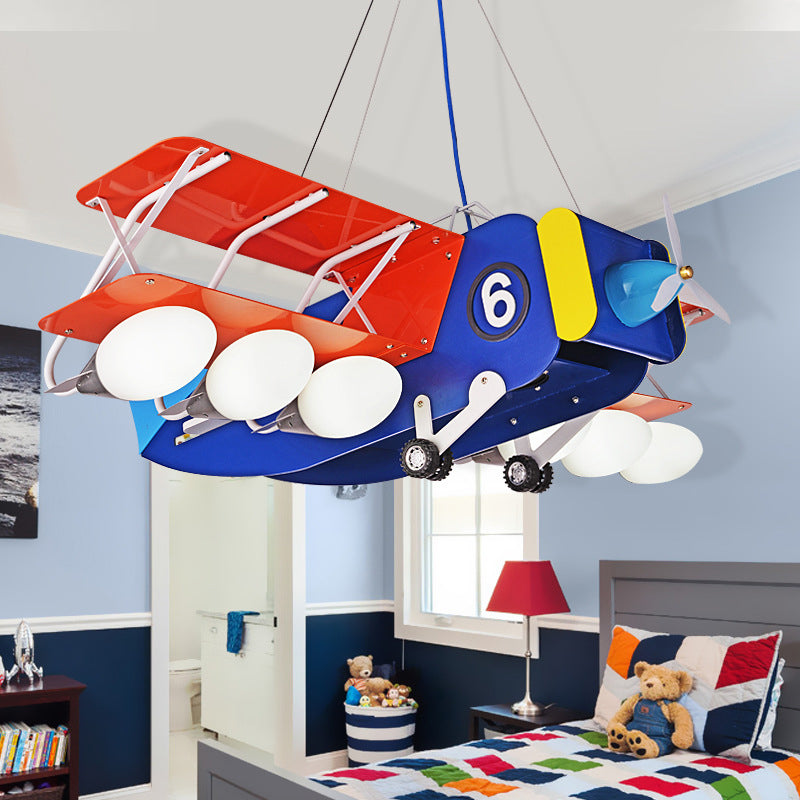 Cartoon Wright Flyer Chandelier Metallic 6 Bulbs Kids Bedroom Ceiling Hang Light in Blue-Red Clearhalo 'Ceiling Lights' 'Chandeliers' Lighting' options 1909442