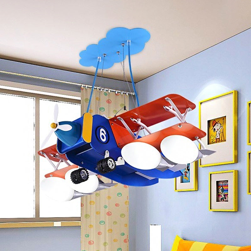 Blue and Red Biplane Chandelier Cartoon 4-Light Wooden Suspension Lighting with Oval Milk Glass Shade Clearhalo 'Ceiling Lights' 'Chandeliers' Lighting' options 1909445