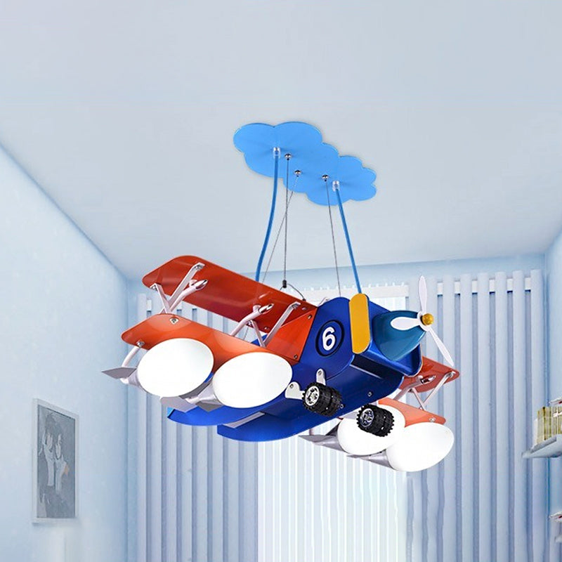 Blue and Red Biplane Chandelier Cartoon 4-Light Wooden Suspension Lighting with Oval Milk Glass Shade Clearhalo 'Ceiling Lights' 'Chandeliers' Lighting' options 1909446