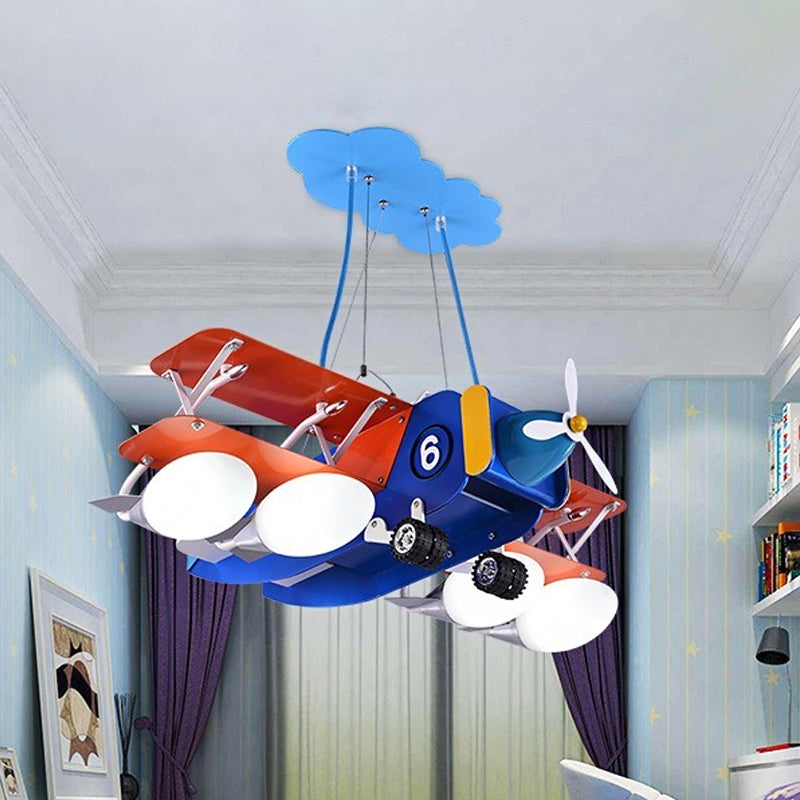 Blue and Red Biplane Chandelier Cartoon 4-Light Wooden Suspension Lighting with Oval Milk Glass Shade Clearhalo 'Ceiling Lights' 'Chandeliers' Lighting' options 1909447