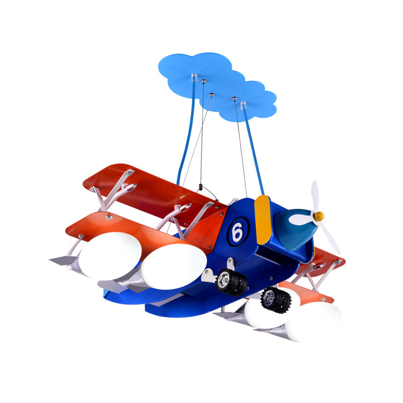 Blue and Red Biplane Chandelier Cartoon 4-Light Wooden Suspension Lighting with Oval Milk Glass Shade Clearhalo 'Ceiling Lights' 'Chandeliers' Lighting' options 1909448