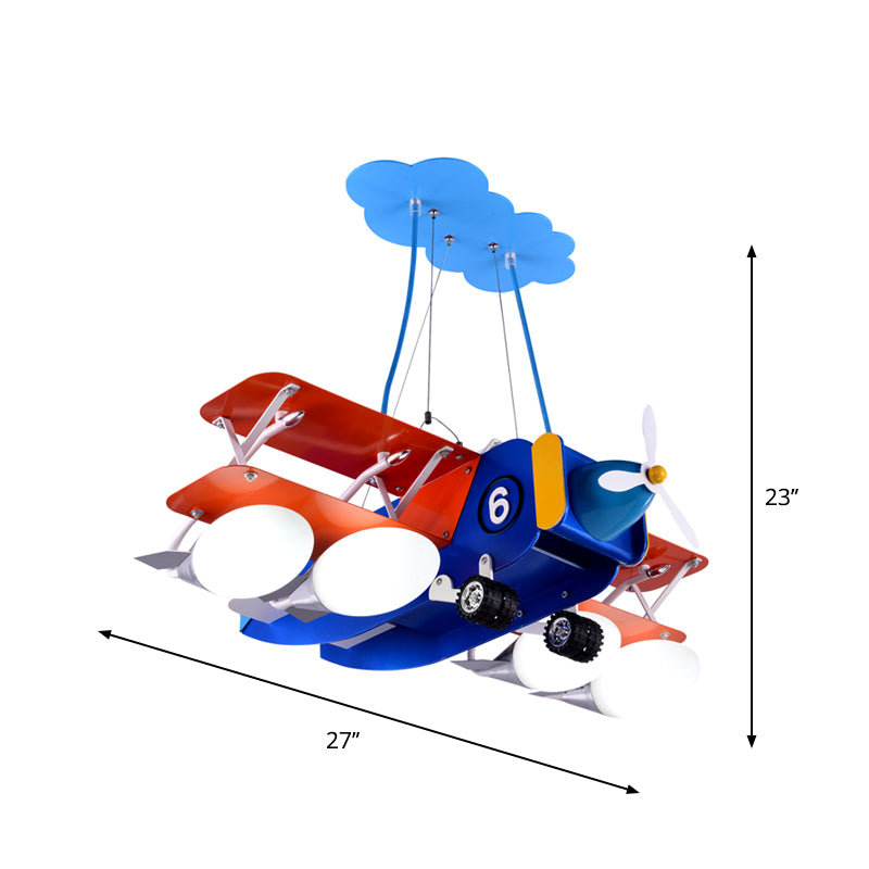 Blue and Red Biplane Chandelier Cartoon 4-Light Wooden Suspension Lighting with Oval Milk Glass Shade Clearhalo 'Ceiling Lights' 'Chandeliers' Lighting' options 1909449