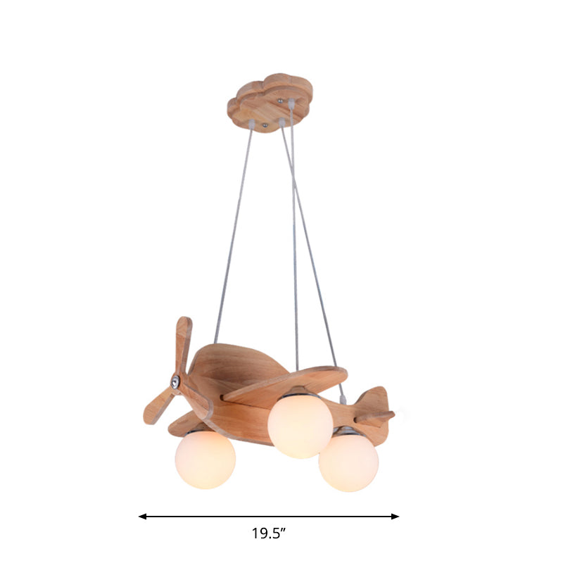 Creative Kids 3-Light Hanging Lamp Wood Plane Shaped Chandelier with Ball White Glass Shade Clearhalo 'Ceiling Lights' 'Chandeliers' Lighting' options 1909469