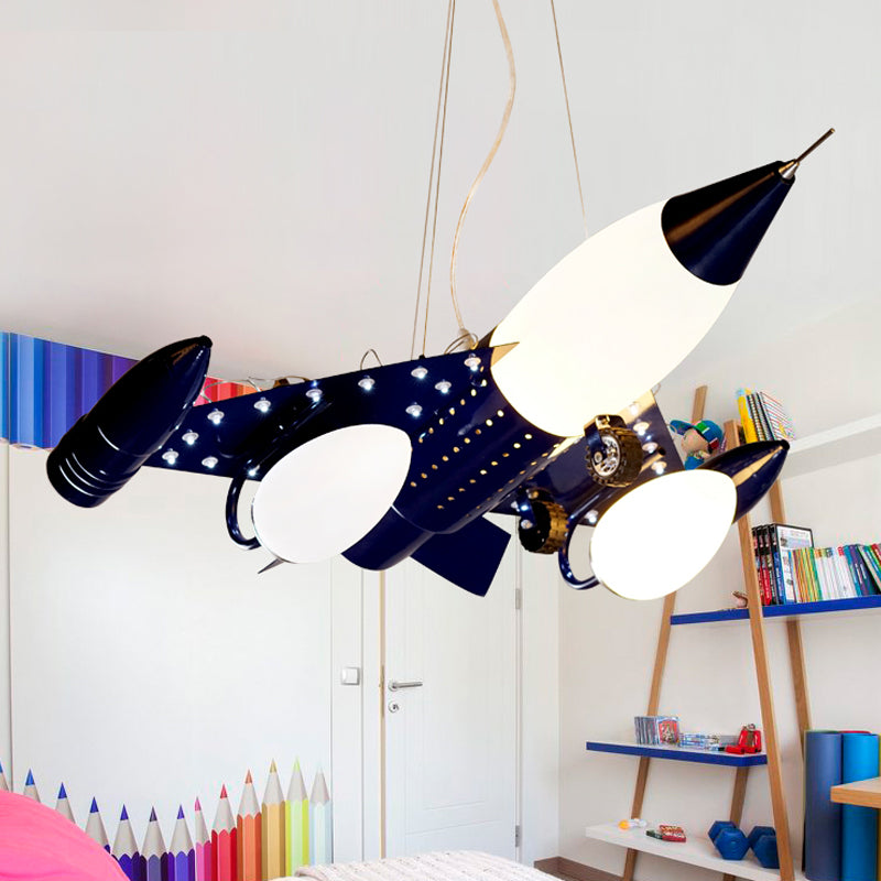 Dark Blue Airplane Drop Pendant Cartoon 3 Heads Opal Glass Chandelier Lighting for Boys Room Clearhalo 'Ceiling Lights' 'Chandeliers' Lighting' options 1909470