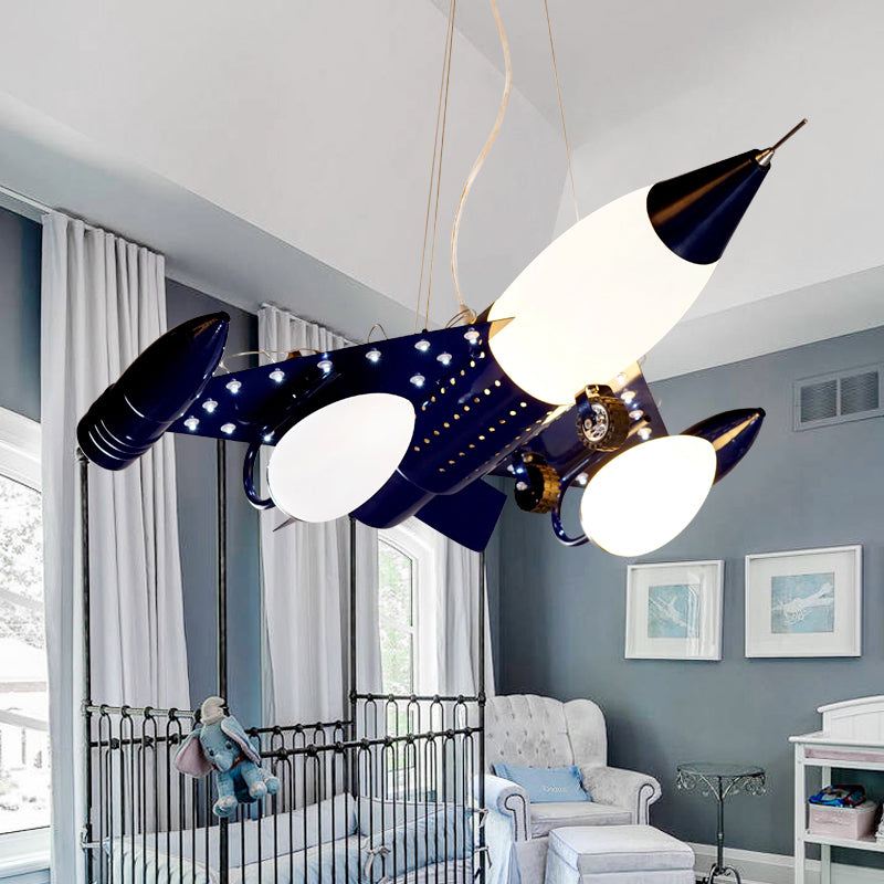 Dark Blue Airplane Drop Pendant Cartoon 3 Heads Opal Glass Chandelier Lighting for Boys Room Clearhalo 'Ceiling Lights' 'Chandeliers' Lighting' options 1909471