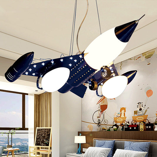 Dark Blue Airplane Drop Pendant Cartoon 3 Heads Opal Glass Chandelier Lighting for Boys Room Clearhalo 'Ceiling Lights' 'Chandeliers' Lighting' options 1909472