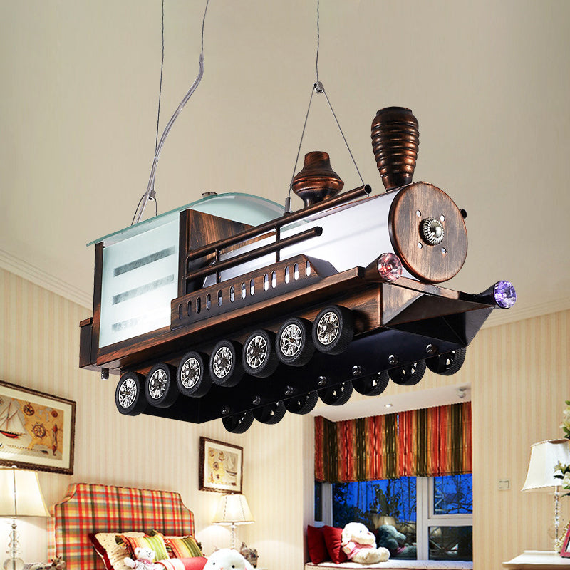 Steam Locomotive Kids Bedroom Chandelier Metal Cartoon LED Hanging Ceiling Light in Coffee Clearhalo 'Ceiling Lights' 'Chandeliers' Lighting' options 1909476