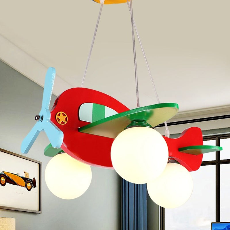 3-Head Nursery Ceiling Pendant Lamp Cartoon Red/White Plane Chandelier with Ball Cream Glass Shade, Warm/White Light Clearhalo 'Ceiling Lights' 'Chandeliers' Lighting' options 1909484