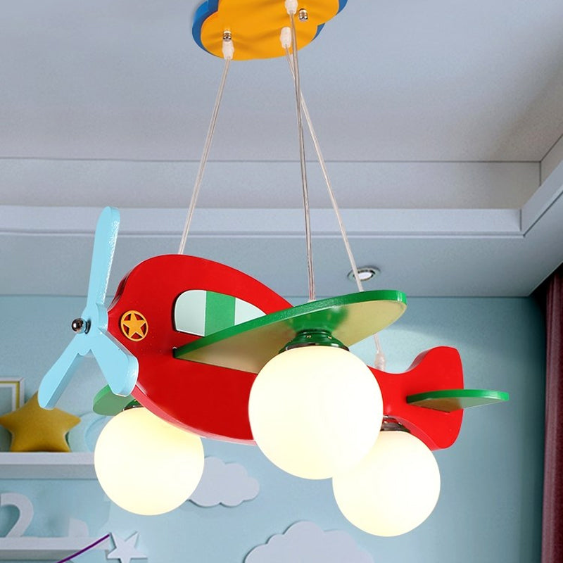 3-Head Nursery Ceiling Pendant Lamp Cartoon Red/White Plane Chandelier with Ball Cream Glass Shade, Warm/White Light Clearhalo 'Ceiling Lights' 'Chandeliers' Lighting' options 1909485