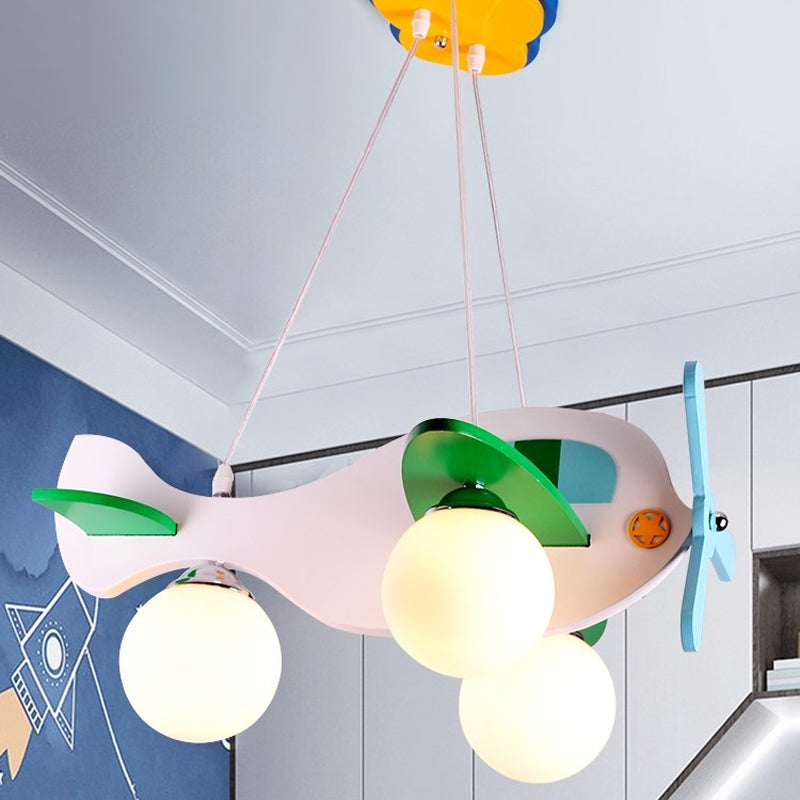 3-Head Nursery Ceiling Pendant Lamp Cartoon Red/White Plane Chandelier with Ball Cream Glass Shade, Warm/White Light White Clearhalo 'Ceiling Lights' 'Chandeliers' Lighting' options 1909489_f661195c-8c93-44bd-815f-a635c0fad7ac