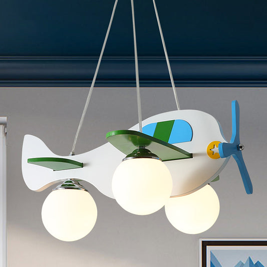 3-Head Nursery Ceiling Pendant Lamp Cartoon Red/White Plane Chandelier with Ball Cream Glass Shade, Warm/White Light Clearhalo 'Ceiling Lights' 'Chandeliers' Lighting' options 1909490