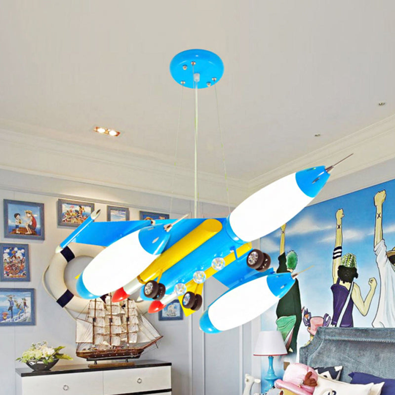 Airplane Suspension Pendant Light Kids White Glass Bedroom LED Chandelier in Red/Blue/Dark Blue Clearhalo 'Ceiling Lights' 'Chandeliers' Lighting' options 1909499