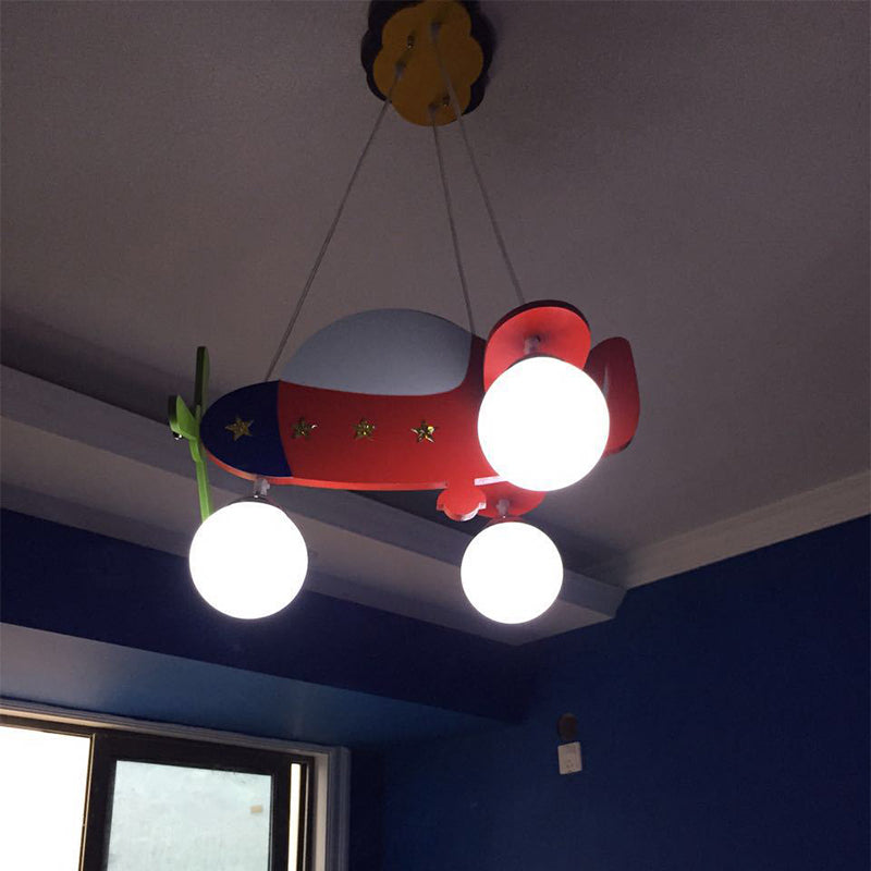 Cartoon Helicopter Chandelier Lighting Wooden 3 Bulbs Kids Room Hanging Light in Red with Ball Milk Glass Shade Clearhalo 'Ceiling Lights' 'Chandeliers' Lighting' options 1909505