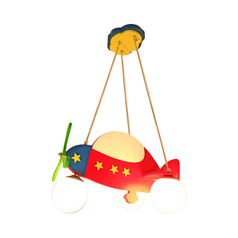 Cartoon Helicopter Chandelier Lighting Wooden 3 Bulbs Kids Room Hanging Light in Red with Ball Milk Glass Shade Clearhalo 'Ceiling Lights' 'Chandeliers' Lighting' options 1909506