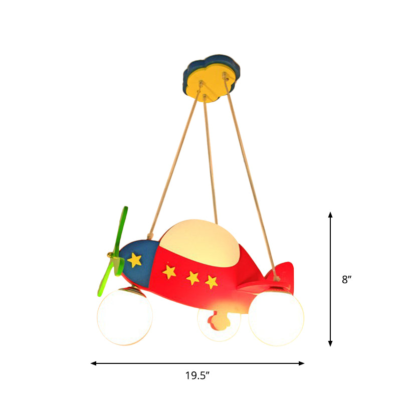 Cartoon Helicopter Chandelier Lighting Wooden 3 Bulbs Kids Room Hanging Light in Red with Ball Milk Glass Shade Clearhalo 'Ceiling Lights' 'Chandeliers' Lighting' options 1909507