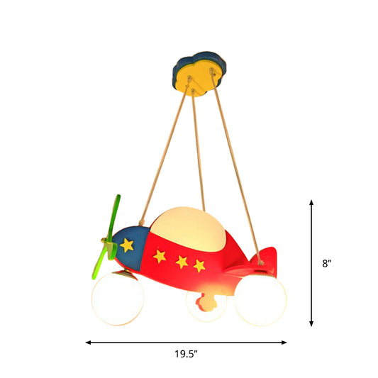 Cartoon Helicopter Chandelier Lighting Wooden 3 Bulbs Kids Room Hanging Light in Red with Ball Milk Glass Shade Clearhalo 'Ceiling Lights' 'Chandeliers' Lighting' options 1909507