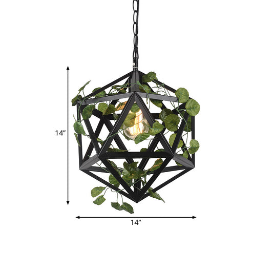 Metal Geometric Pendulum Light Industrial 1 Bulb Restaurant Ceiling Pendant in Black with Fake Vine Clearhalo 'Art Deco Pendants' 'Black' 'Cast Iron' 'Ceiling Lights' 'Ceramic' 'Crystal' 'Industrial Pendants' 'Industrial' 'Metal' 'Middle Century Pendants' 'Pendant Lights' 'Pendants' 'Rustic Pendants' 'Tiffany' Lighting' 1909573