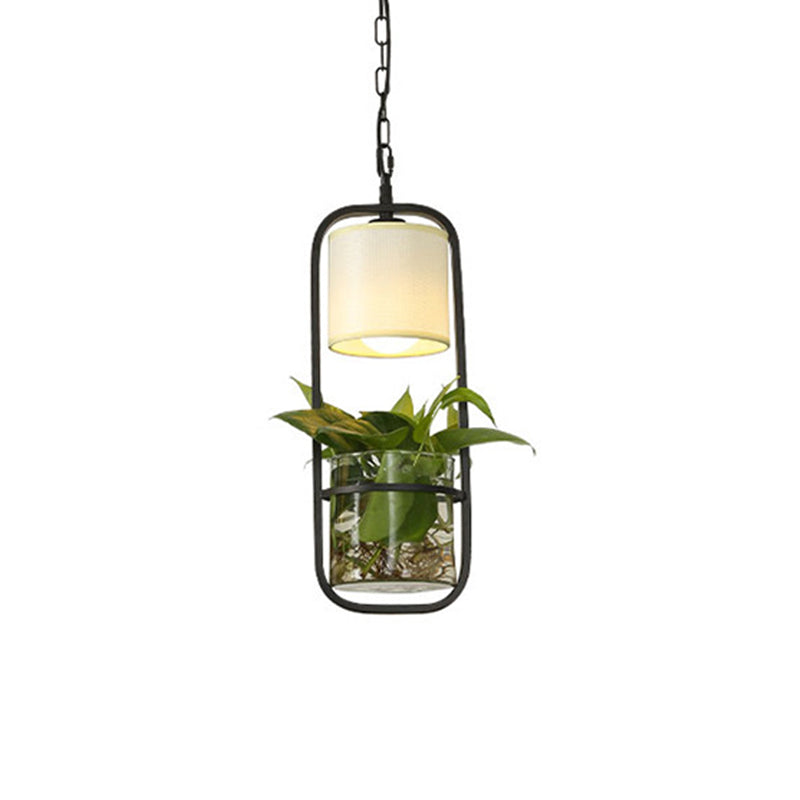 Cylinder LED Pendant Light Fixture Rustic Black/White/Gold Fabric Hanging Light in Warm/White Light with Plant Cup Clearhalo 'Art Deco Pendants' 'Black' 'Cast Iron' 'Ceiling Lights' 'Ceramic' 'Crystal' 'Industrial Pendants' 'Industrial' 'Metal' 'Middle Century Pendants' 'Pendant Lights' 'Pendants' 'Rustic Pendants' 'Tiffany' Lighting' 1909576