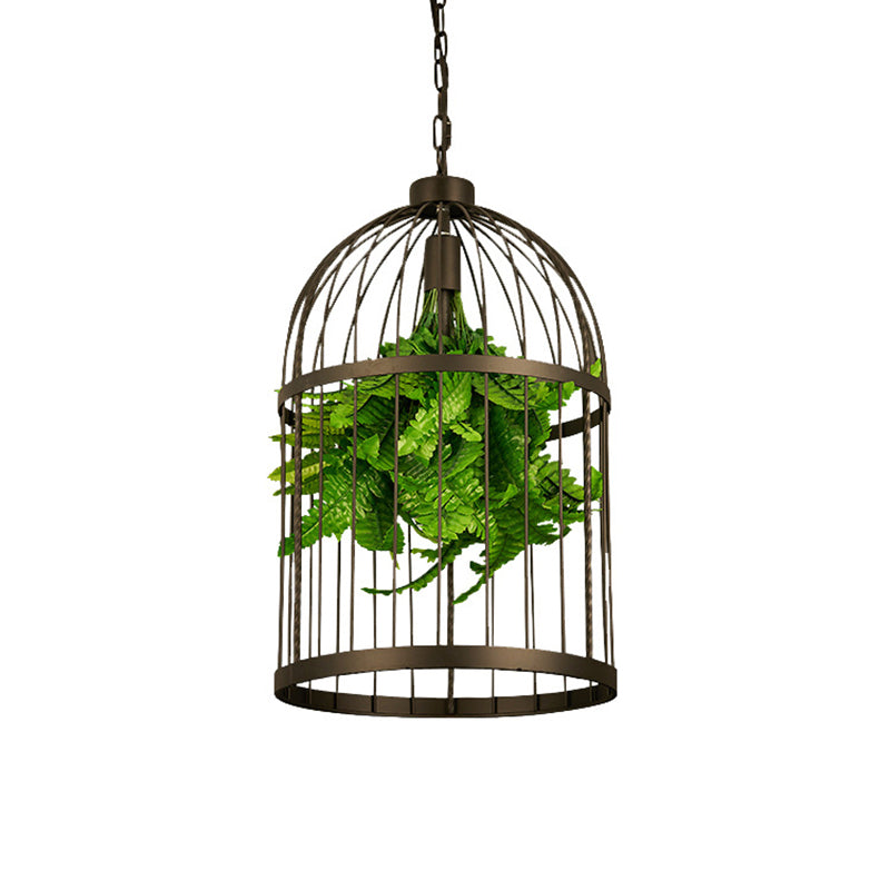 Single-Bulb Birdcage Hanging Lamp Industrial Black Iron Pendulum Light with Artificial Plant Clearhalo 'Art Deco Pendants' 'Black' 'Cast Iron' 'Ceiling Lights' 'Ceramic' 'Crystal' 'Industrial Pendants' 'Industrial' 'Metal' 'Middle Century Pendants' 'Pendant Lights' 'Pendants' 'Rustic Pendants' 'Tiffany' Lighting' 1909646