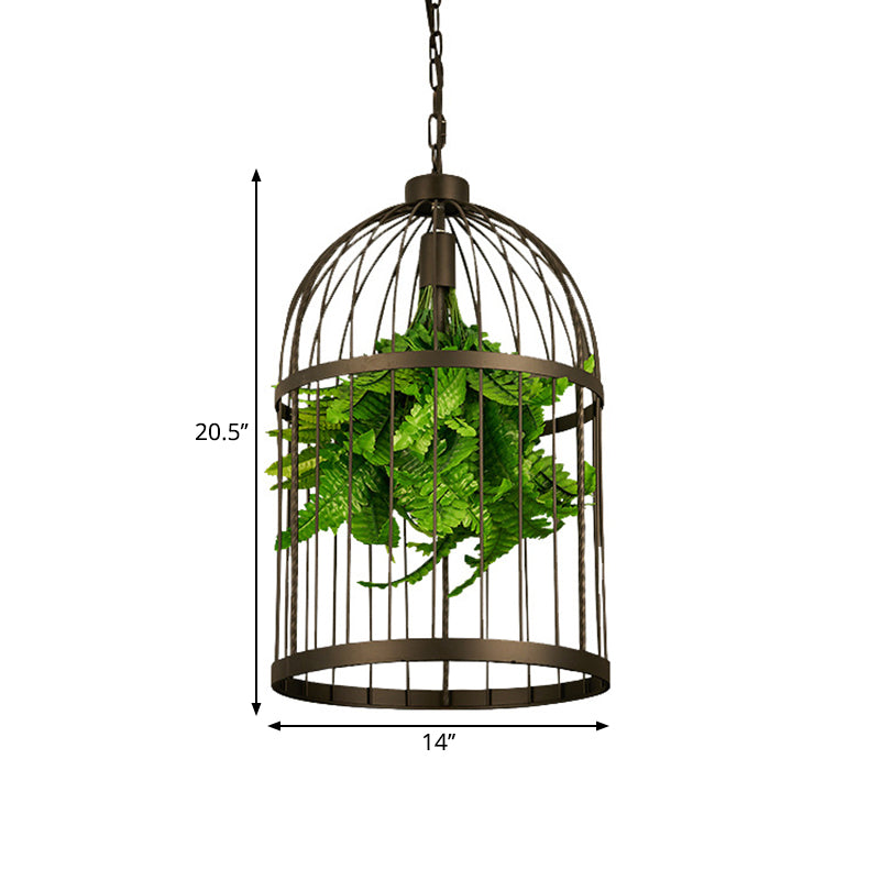 Single-Bulb Birdcage Hanging Lamp Industrial Black Iron Pendulum Light with Artificial Plant Clearhalo 'Art Deco Pendants' 'Black' 'Cast Iron' 'Ceiling Lights' 'Ceramic' 'Crystal' 'Industrial Pendants' 'Industrial' 'Metal' 'Middle Century Pendants' 'Pendant Lights' 'Pendants' 'Rustic Pendants' 'Tiffany' Lighting' 1909648