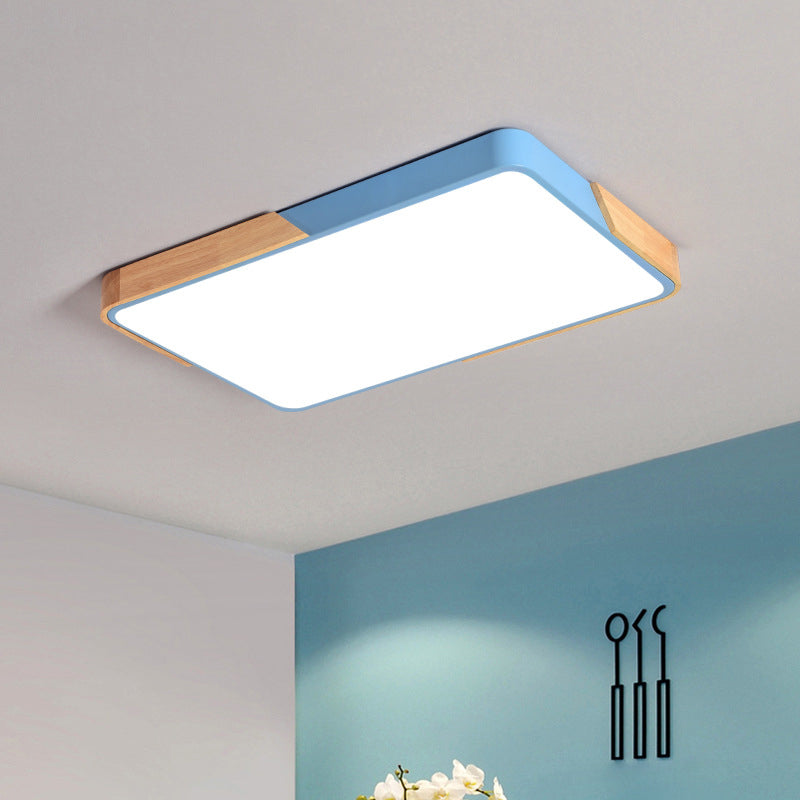 Square/Rectangular Bedroom Ceiling Lamp Acrylic Nordic LED Flush Mounted Lighting in White/Blue/Black with Wood Guard, 12"/16"/25" W Blue Clearhalo 'Ceiling Lights' 'Close To Ceiling Lights' 'Close to ceiling' 'Flush mount' Lighting' 1909701