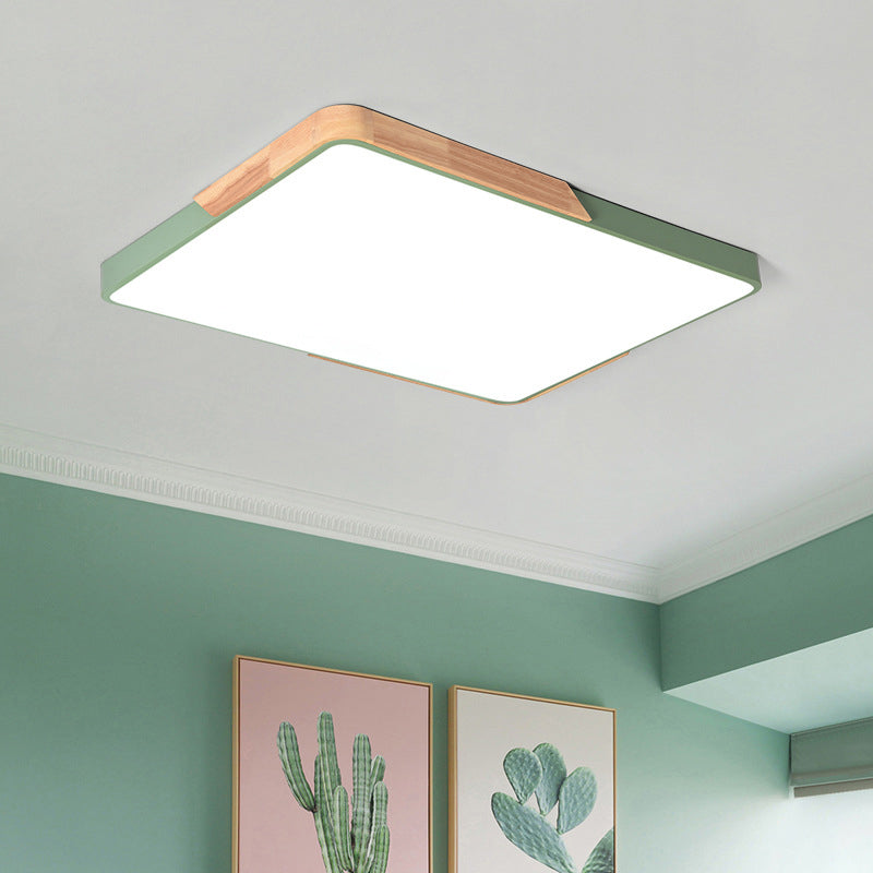 Square/Rectangular Bedroom Ceiling Lamp Acrylic Nordic LED Flush Mounted Lighting in White/Blue/Black with Wood Guard, 12"/16"/25" W Green Clearhalo 'Ceiling Lights' 'Close To Ceiling Lights' 'Close to ceiling' 'Flush mount' Lighting' 1909706