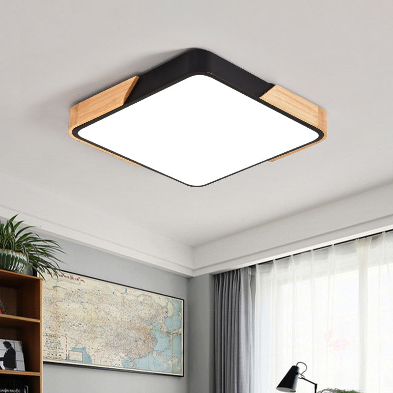 Square/Rectangular Bedroom Ceiling Lamp Acrylic Nordic LED Flush Mounted Lighting in White/Blue/Black with Wood Guard, 12"/16"/25" W Black Clearhalo 'Ceiling Lights' 'Close To Ceiling Lights' 'Close to ceiling' 'Flush mount' Lighting' 1909708