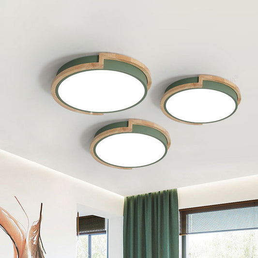 Grey/Blue/Pink Round Flush Mount Lamp Macaron Metal LED Ceiling Light Fixture with Wood Frame Clearhalo 'Ceiling Lights' 'Close To Ceiling Lights' 'Close to ceiling' 'Flush mount' Lighting' 1909742